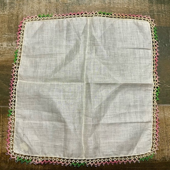 Vintage Linen Handkerchief w/ Pink & Green Lace Trim – 15” - Picture 1 of 6